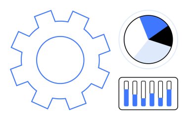 Vites sembolü, bölünmüş pasta grafiği ve gradyan seviyeli bar grafiği. İş stratejisi, analitik, teknoloji süreci, veri görselleştirme, performans izleme, proje yönetimi için ideal