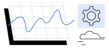 Izgaradaki çizgi grafiği, ayarlar için vites sembolü ve bulut ögesi veri analizi, optimizasyon, bulut hesaplaması ve işlem verimliliğini temsil eder. İş, teknoloji, web uygulamaları analizi için ideal