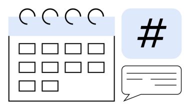 Mavi başlıklı takvim, konuşma balonunda meta veri etiketi sosyal eğilimleri, iletişimi sembolize ediyor. Planlama için ideal, sosyal strateji, zaman yönetimi, zamanlama, ağ oluşturma, etkinlikler basit