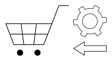 Alışveriş arabası, teçhizat ve ok e-ticaret, online alışveriş, ayarlar ve navigasyon ile bağlantılı. Web siteleri, uygulamalar, perakende teknoloji iş stratejileri ve müşteri seyahati için ideal. Basit iniş