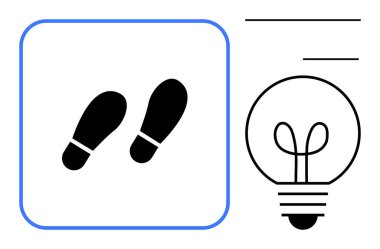 Bir kareye yerleştirilen ayak izleri, fikirleri ya da yenilikleri temsil eden bir ampulün yanında yön ya da ilerlemeye işaret eder. Yaratıcılık, yön, ilerleme, fikir, yenilik, strateji için ideal