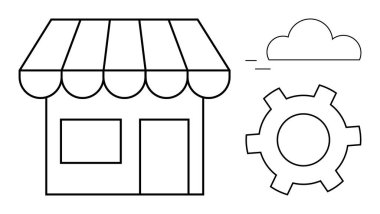 Çizgili tenteli, vites simgesi ve bulut sembolü olan bir dükkan önü. İş, teknoloji, yenilik, çevrimiçi mağazalar, sistem çözümleri, basit indirme sayfası için ideal