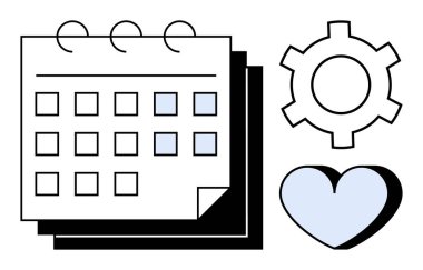 Vurgulanmış tarihler, vites simgesi ve kalp şeklindeki takvim zamanlamayı, verimliliği ve dengeyi sembolize ediyor. Zaman yönetimi, refah, takım çalışması, planlama verimliliği için idealdir.