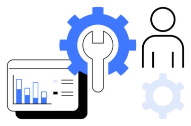 İngiliz anahtarı, grafik paneli ve kullanıcı silueti ile donanım optimizasyonu, veri yönetimi ve sistem geliştirme işlemini iletin. Teknik iş akışı, analitik, mühendislik ve onarım işleri için ideal.