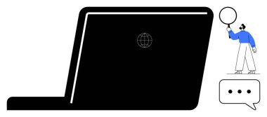 Dünya ikonuna sahip dizüstü bilgisayar bağlantıyı sembolize ediyor, konuşma balonunu tutan kişi ve sohbet ikonu. İletişim, uzaktan çalışma, çevrimiçi öğrenme, takım çalışması, mesajlaşma, küresel ağ kurmak için ideal