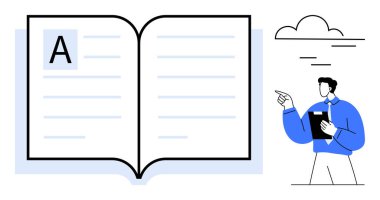 Metin satırları olan büyük, açık bir kitap, minimalist bulutlu gökyüzünün altında not defteri hareketlerini tutan bir adam. Eğitim, bilgi, hikaye anlatma, edebiyat, yaratıcılık, öğrenme akademisi için idealdir. Düz basit