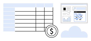 Üzerinde dolar sembolü olan masa, analitik web sitesi gösterge paneli ve bulut elementinin yanında. Veri yönetimi, bütçe, finans, analitik, bulut depolama, dijital araçlar, basit iniş sayfası için ideal