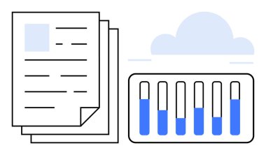 Yığılmış belgelerin ve bulut şeklinin yanında mavi sıvılarla dolu test tüpleri. Araştırma, laboratuvar çalışması, veri depolama, sağlık, analiz, bulut hesaplama, basit iniş sayfası için ideal