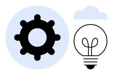 Minimum bulut altındaki bir ampulün yanındaki dişli yenilik, yaratıcılık ve optimizasyon sürecini ön plana çıkarıyor. Geliştirme, teknoloji, fikirler, problem çözme, takım çalışması, strateji ilerlemesi için ideal