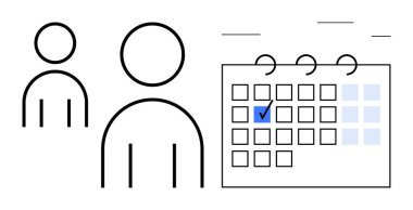 Seçilen tarih veya olay için mavi bir çekle işaretlenmiş bir takvimin yanındaki ekip üyeleri. Takım çalışması, organizasyon, planlama, planlama, teslim tarihleri, verimlilik ve yönetim için ideal. Düz basit