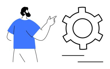 Dişlilere işaret eden sakallı adam süreci optimizasyonu, gelişimi veya kişiselleştirmeyi sembolize ediyor. Takım çalışması, iş akışı, işbirliği, dijital dönüşüm, yazılım ve problem çözme için ideal