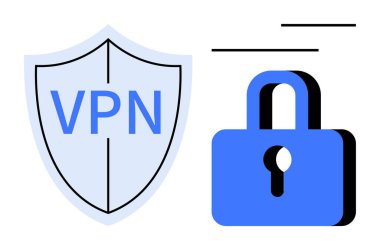 VPN mesajı olan bir kalkan mavi asma kilit ile eşleştirilmiş, internet güvenliğini, mahremiyeti ve şifrelemeyi simgeliyor. Siber güvenlik, ağ oluşturma, çevrimiçi güvenlik, veri gizliliği ve kimlik hırsızlığı için ideal