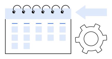 Kare olarak gösterilen gün takvimi, kişiselleştirmeyi sembolize eden vites, ilerlemeyi veya iş akışını simgeleyen ok. Zamanlama, planlama, otomasyon, optimizasyon, verimlilik, iş akışı için ideal