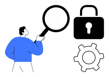 Büyüteç tutan erkek figürü kilit ve teçhizatı analiz ediyor. Güvenlik, problem çözme, keşif, veri gizliliği, araştırma, teknoloji ve yenilik için idealdir. Düz basit metafor