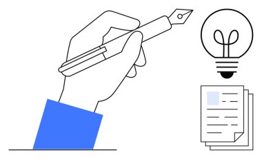 Dolmakalem yazma, fikirleri sembolize eden ampul içerik oluşturma için kağıt yığını. Yaratıcılık, yenilik, yazı, üretkenlik, beyin fırtınası, tasarım için ideal düz metafor