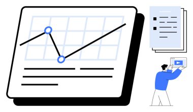 Çizgi grafiği, döküman yığını ve video aleti olan analitik gösterge paneli. Veri analizi, iş eğilimleri, sunumlar, raporlar, verimlilik, eğitim için ideal basit iniş sayfası