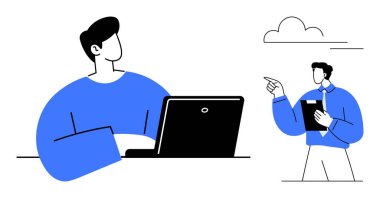 Takım çalışması yapan iki adam. Biri dizüstü bilgisayarda çalışırken, diğeri elinde bir not panosu ve el kol hareketleriyle danışmanlık yapıyor. İşbirliği, liderlik, akıl hocalığı, takım çalışması, verimlilik işyeri için ideal