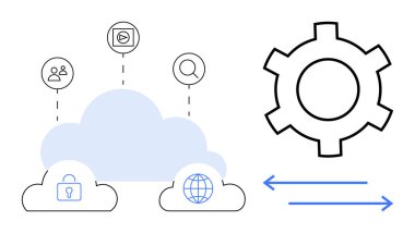 Kullanıcılar için simgeleri olan bulut sistemi, medya, arama, güvenlik ve küresel erişim. Sistem çalışması için vites sembolü ve veri transferi için oklar. Teknoloji, bilişim ve bulut entegrasyonu verileri için ideal