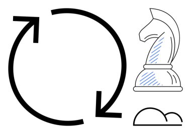 Kalın dairesel okların yanında satranç taşı. Strateji, yenilik, uyum sağlama. Strateji, planlama, karar verme, yenilik, yineleme çevikliği büyümesi için idealdir. Düz basit