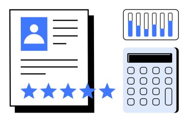 Profil fotoğrafı ve metin içeren belgeler, beş mavi yıldız, bir ızgarada bar çizelgeleri ve bir hesap makinesi. İK, reytingler, incelemeler, analizler, raporlama değerlendirmeleri ve basit bir iniş sayfası için ideal