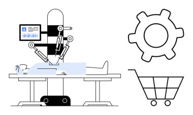 Bir hastayı ameliyat eden cerrah destekli robot makine otomasyonu gösteren bir dişli ve e-ticareti sembolize eden bir alışveriş arabası. Sağlık, yenilik, robotik, otomasyon, e-ticaret için ideal