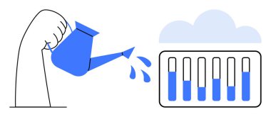 Mavi bir sulama kutusundan suyu, bir bulutun altındaki sıvı dolu sütunlarla bir bar tablosuna dökerek. Ticari büyüme, veri analizi, sürdürülebilirlik, yenilik, takım çalışması, geliştirme için ideal