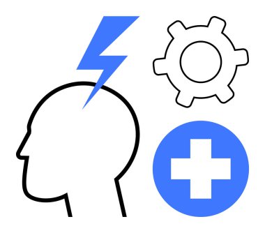 Yıldırım, teçhizat ve fikir, mekanizma ve refahla bağlantılı insan kafası profili. Yenilikçilik, akıl sağlığı, problem çözme, üretkenlik, kişisel bakım yaratıcılığı için ideal