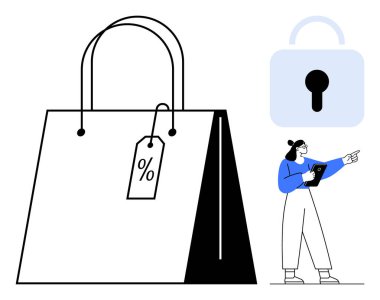 İndirimli etiketli büyük bir alışveriş çantası, güvenlik kilidi ve tablet tutan bir kadın. E-ticaret, indirimler, çevrimiçi alışveriş, siber güvenlik, perakende pazarlama, veri koruması basit iniş sayfası için ideal
