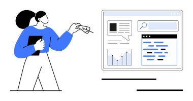 İş kadını, çizelgeler, metin simgeleri ve arama çubuğuyla birlikte web arayüzündeki içerik ve verileri analiz ediyor. Analiz, araştırma, eğitim, sunumlar, çevrimiçi araçlar, e-öğrenim sade iniş için ideal