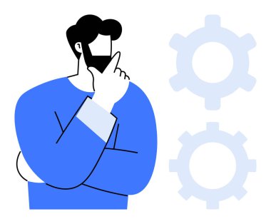 Sakallı adam çene üzerinde el ele düşünürken, iki vites düşünceyi, yeniliği, takım çalışmasını, karar verme mekanizmasını, üretkenliği, beyin fırtınasını ve yaratıcılığı simgeliyor. Basit bir sorun çözme yöntemi.