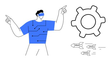 VR kulaklığı olan şahıs, gelen DDoS füze saldırılarıyla mücadele ederken, sistem güvenliğini sembolize eden büyük dişli cihazlarla etkileşime geçiyor. Siber güvenlik, teknolojik yenilikler, dijital savunma için ideal.