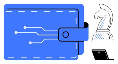 Devre desenli mavi dijital cüzdan, stratejiyi sembolize eden satranç şövalyesi ve teknolojiyi temsil eden dizüstü bilgisayar. Finans, strateji, yenilik, dijital araçlar, güvenlik, e-ticaret dairesi için ideal