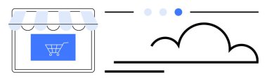 Vitrinde tente ve alışveriş arabası ikonu, navigasyonu gösteren üç nokta, soyut bulut tasarımı. Çevrimiçi alışveriş, perakende satış, e-ticaret, bulut teknolojisi, dijital pazarlama, web tasarımı için ideal