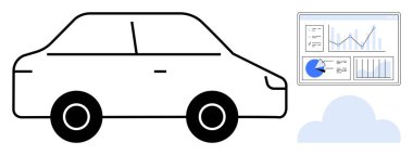 Analitik gösterge panelinin yanında altında bulut olan çizelgeler ve grafikler var. Teknoloji, hareketlilik, yenilik, sürdürülebilirlik, veri içgörüsü, akıllı araba, basit iniş sayfası için ideal