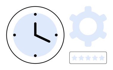 Cesur elleri, vites simgesi ve 5 yıldızlı derecelendirme çubuğu olan analog saat. Zaman takibi, verimlilik, verimlilik, hedef değerlendirmesi, zamanlama, iş akışı düz metaforu için ideal