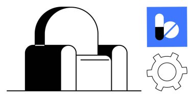 Tıbbi kapsül ve dişli dişli dişli dişli ile minimalist koltuk tasviri. İç dekorasyon, sağlık, teknoloji, yenilik, tasarım ilhamı, işlevsellik, basit iniş sayfası için ideal