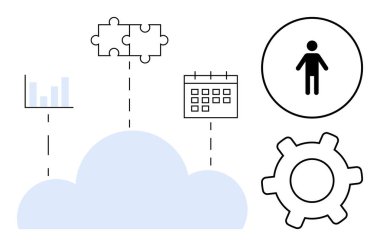 Bulmaca birleştiren parçalar, bar grafiği, takvim, kullanıcı simgesi ve teçhizat. Takım çalışması, optimizasyon süreci, bulut hesaplama yeniliği uzaktan çalışma otomasyonu ve proje planlaması için idealdir. Düz