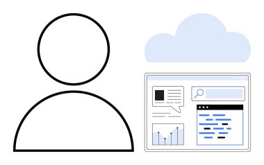Haritaları, arama çubuğu ve mesajları olan bulut ve dijital pencerenin yanındaki simge. Bulut hesaplama, veri yönetimi, analitik, kullanıcı etkileşimi, teknoloji, iletişim sade iniş için ideal