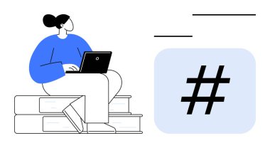 Dizüstü bilgisayarında üst üste dizilmiş kitapların üzerine oturmuş bir meta veri sembolünün yanında çalışan bir kadın. Üretkenlik, öğrenme, teknoloji, eğitim, sosyal medya, içerik oluşturma, basit iniş sayfası