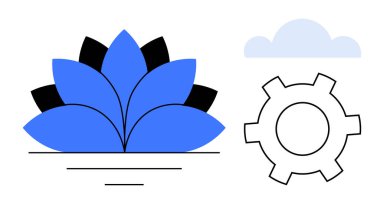 Mavi yapraklı nilüfer çiçeği, vites sembolü ve bulut. Doğa, yenilik, teknoloji, dinginlik, farkındalık, büyüme otomasyonu için ideal basit iniş sayfası