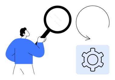 Problem çözme ve analiz için büyüteç tutan kişi. Dairesel ok süreç akışını ifade eder. Vites simgesi ayarları temsil eder. Takım çalışması, otomasyon, iş akışı, verimlilik için ideal