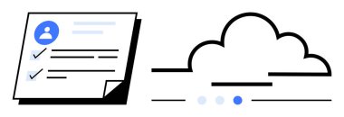 Bulut depolama ve veri transferini öneren basitleştirilmiş bulut grafiğinin yanındaki kontrol listesi ve profil simgesine sahip belge. Bulut bilgisayarı, dosya paylaşımı, veri senkronizasyonu, dijital depolama için ideal