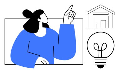 Kadının elini kaldırması, depo çizgisi ve aydınlatılmış ampul fikirleri, yaratıcılığı ve lojistiği sembolize ediyor. Beyin fırtınası, yenilik, tedarik zinciri, iş planlama takım çalışması için ideal