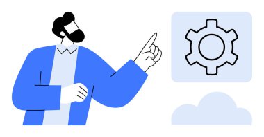 Adam bulutun üstündeki ayarlar vites simgesine doğru hareket ediyor. Teknoloji, bulut hesaplama, sistem özelleştirme, otomasyon, bilişim çözümleri, işletim araçları, basit iniş sayfası için ideal