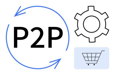 Akışı temsil eden dairesel oklarda P2P metin, işlevselliği sembolize eden dişli ve alışveriş arabası. İş, teknoloji, e-ticaret, ağ, işbirliği ve yenilik için ideal