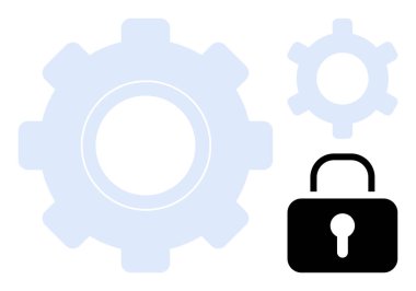 Kilit simgesinin yanında büyük ve küçük vites şekilleri sistem güvenliği, işbirliği ve teknoloji yönetimi anlamına gelir. Siber güvenlik, takım çalışması, yenilik, mahremiyet, ağ koruması için ideal