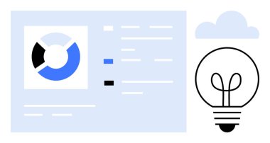 Veri dökümlü pasta grafiği, arka planda bulut ve yaratıcı fikirleri simgeleyen ampul. Analiz, yenilik, strateji, planlama, teknoloji, bulut depolama ve iş dünyası için ideal