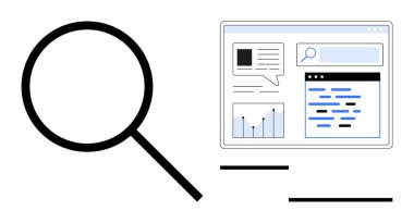 Büyüteç ve çizelgeler, metin ve arama çubuğu ile web sayfası arayüzü. Veri analizi, araştırma, SEO, iş zekası, piyasa eğilimleri, bilgi edinme basit iniş sayfası
