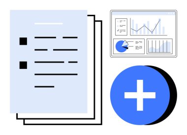 Evraklar ve analiz paneli mavi artı işaretinin yanında çizelgeler ve grafikler. Veri yönetimi, performans takibi, iş raporları, strateji planlaması, profesyonel araçlar için ideal