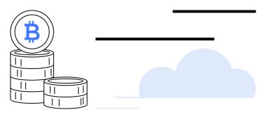 Bitcoin para yığınları dijital para birimini sembolize ediyor. Online depolama ya da bilgisayarı işaret eden bir bulut ile. Kripto para birimi, blok zinciri, finans, yatırım, teknoloji, bulut depolama için ideal